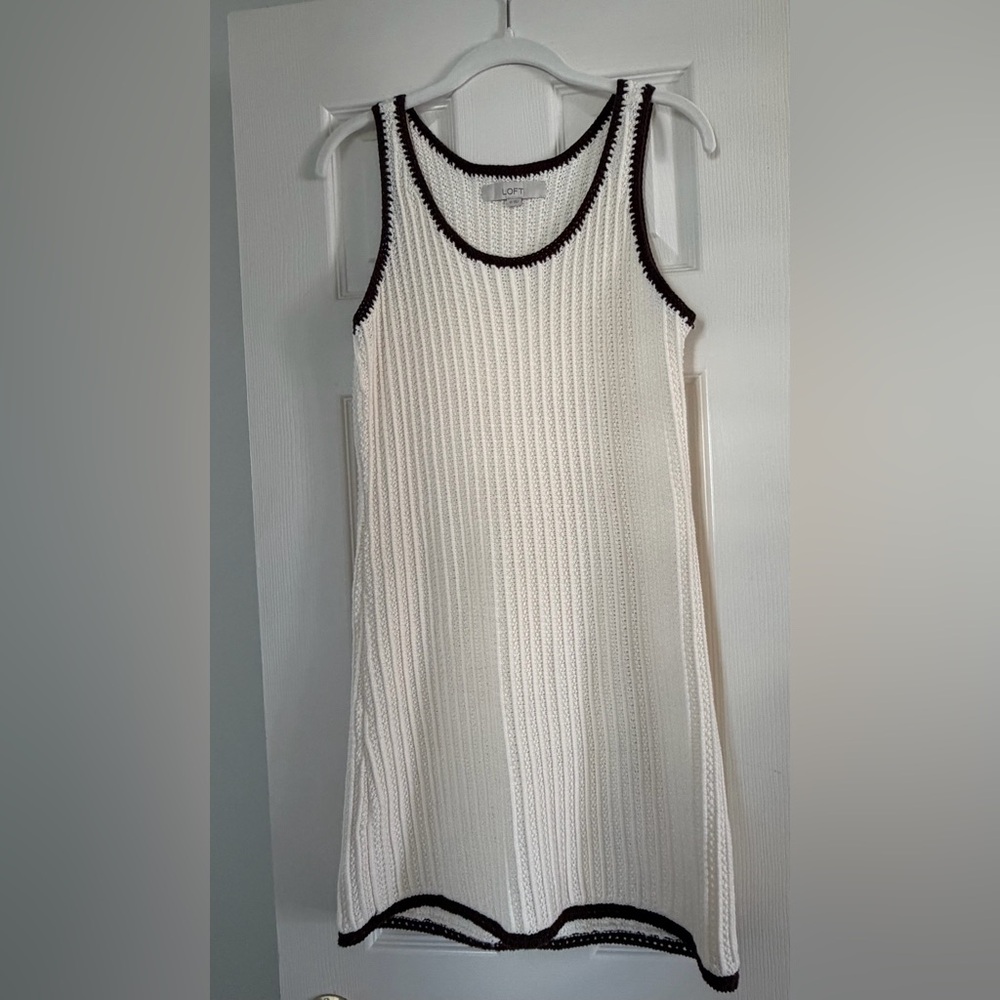 LOFT Ivory Crochet Coverup Dress with Dark Brown Edging